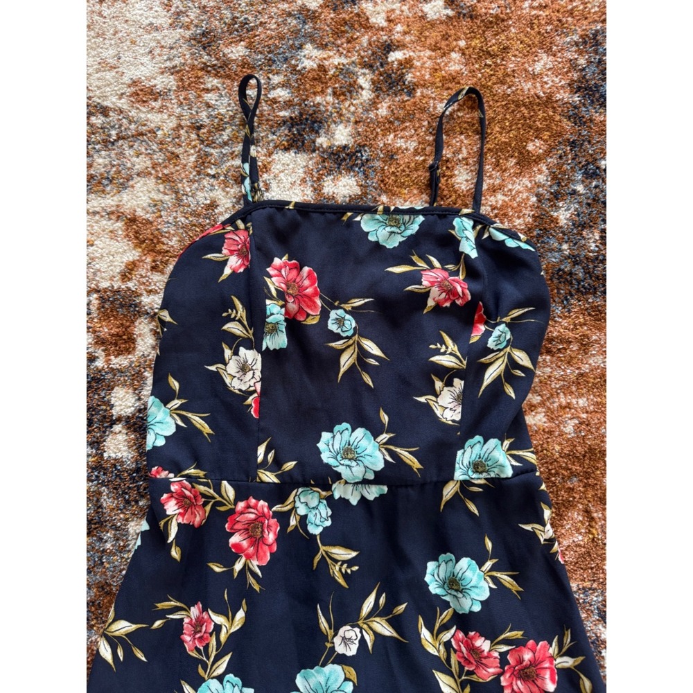 Xhilaration Navy Blue Floral Ruffle Mini Dress Smocked‎ Back Medium - Picture 2 of 8